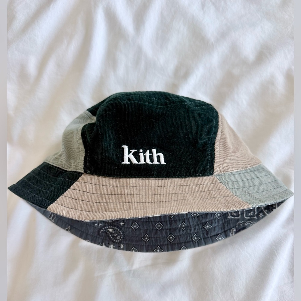 Kith Kids Patchwork Corduroy Bucket Hat in Dark Green, Light Gray, and Beige